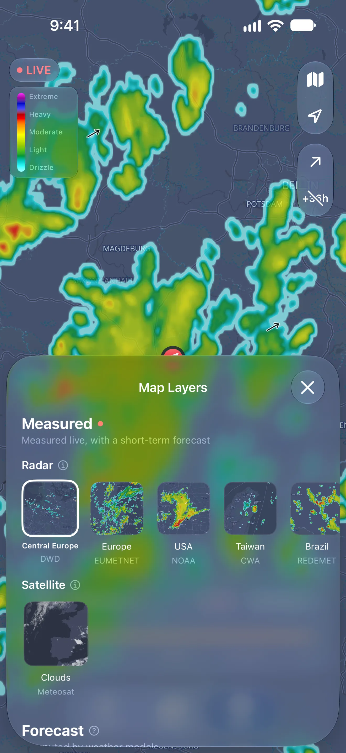 Map layer picker with radar regions, satellite and forecast layers