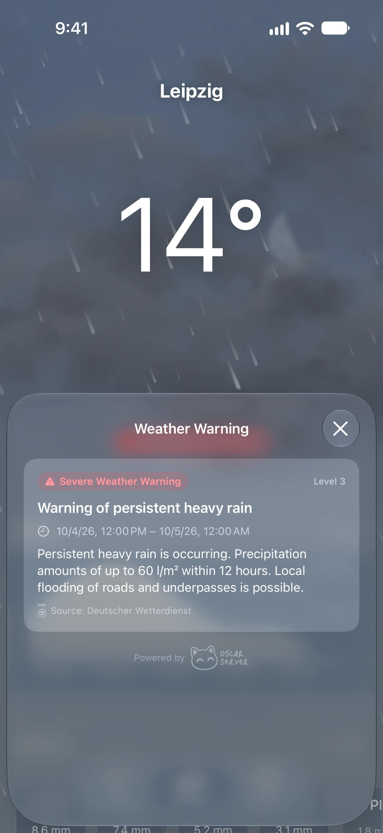 Official DWD warning of persistent heavy rain, shown in Oscar