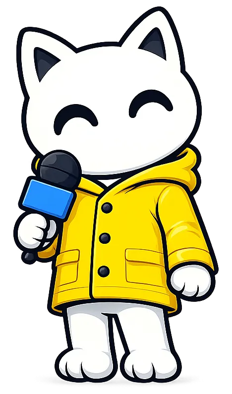 Oscar, eine weiße Katze in gelber Regenjacke mit Mikrofon